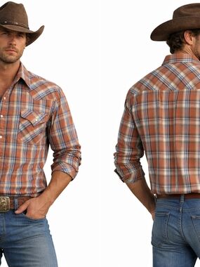 Ely Cattleman Pearl Snap Shirt Mens XL Brown Plaid Western Cowboy Shirt Glitter